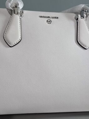 Michael Kors Marilyn White Saffiano Satchel with Silver Hardware
